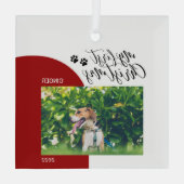 赤と黒の子犬のポーのペットの初めてのクリスマス写真 ガラスオーナメント (裏面)