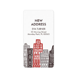 赤と黒の建物付きの新しいアドレスラベル ラベル