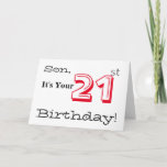 赤と黒の息子の21歳の誕生日の挨拶。 カード<br><div class="desc">白い背景は文字赤と白を特徴とし、このおもしろいでは、息子のための誕生日の挨拶。ごおもしろい挨拶。</div>