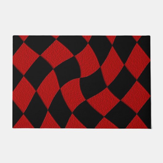 赤と黒の抽象芸術チェック形式 ドアマット (正面)