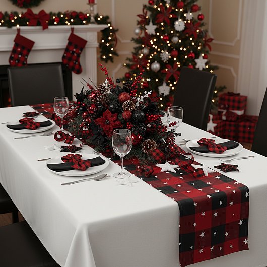 赤と黒の星の格子模様 ショートテーブルランナー