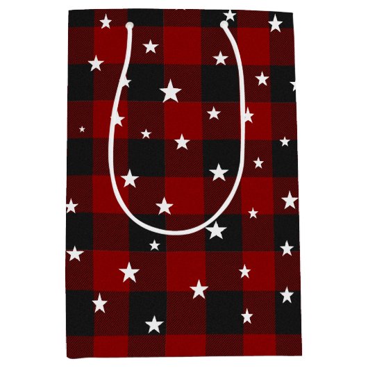 赤と黒の星の格子模様 ミディアムペーパーバッグ (正面)