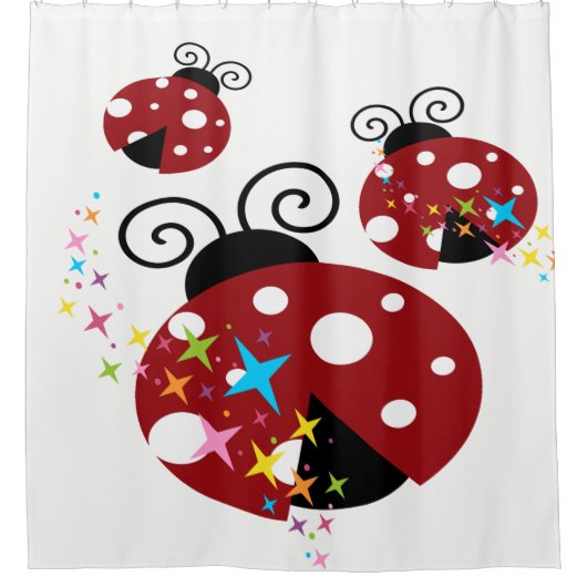 赤と黒の星付きテントウムシ3匹 シャワーカーテン (正面)