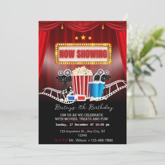 赤と黒の映画の夜の誕生日パーティーの招待 招待状 (スタンド正面)