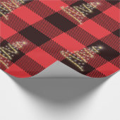 赤と黒の格子柄金ゴールドクロストマスツリーホリデイ ラッピングペーパー (角)