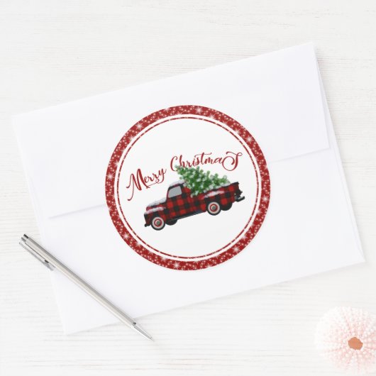 赤と黒の格子模様のトラックがクリスマスに楽しめ ラウンドシール (封筒)