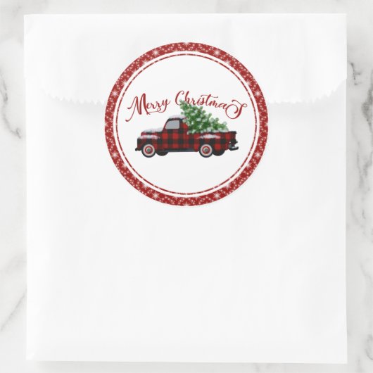 赤と黒の格子模様のトラックがクリスマスに楽しめ ラウンドシール (バッグ)