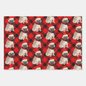 赤と黒の格子模様のラッピングにパグクリスマスドッグ ラッピングペーパーシート (正面3)