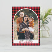 赤と黒の格子模様の家族の写真クリスマス シーズンカード (スタンド正面)
