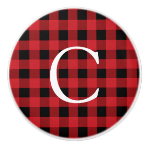 赤と黒の格子模様の正方形素朴カントリードレッサー セラミックノブ