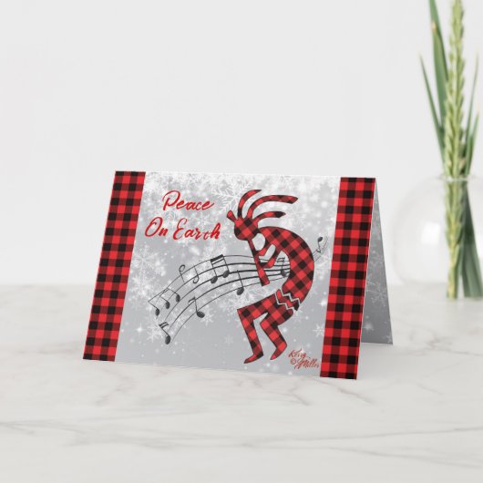 赤と黒の格子模様のKokopelliクリスマスカード シーズンカード (正面)