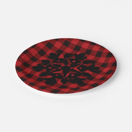 赤と黒の格子模様 – 雪の結晶 ペーパープレート (アングル)