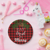 赤と黒の格子模様 – 食べ飲み物とビーメリーブ ペーパープレート (パーティー)