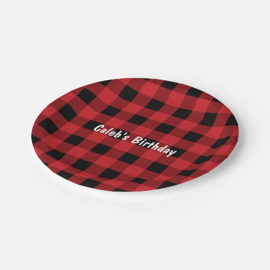 赤と黒の格子状の市松模様に誕生日紙プレート ペーパープレート (アングル)