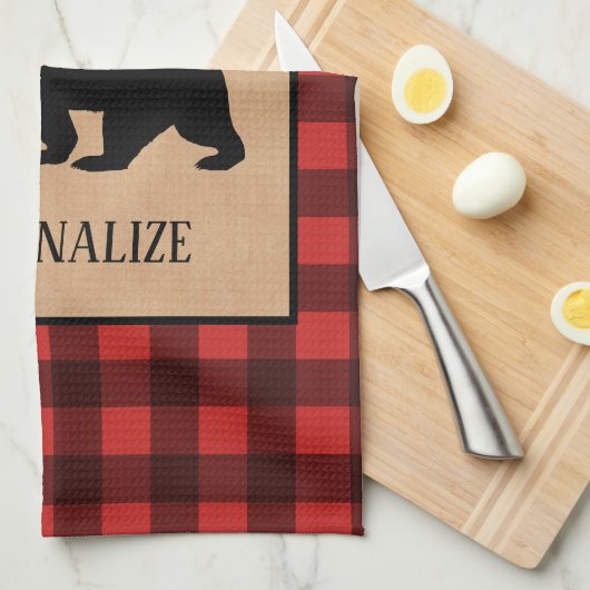 赤と黒の格子縞に黒い熊パーソナライズされた キッチンタオル (四つ折り)