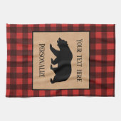 赤と黒の格子縞に黒い熊パーソナライズされた キッチンタオル (横)