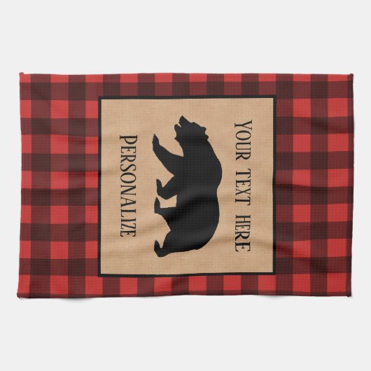 赤と黒の格子縞に黒い熊パーソナライズされた キッチンタオル (横)