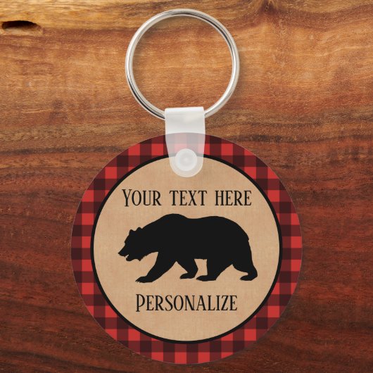 赤と黒の格子縞に黒い熊パーソナライズされた キーホルダー (正面)
