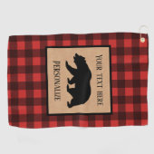 赤と黒の格子縞に黒い熊パーソナライズされた ゴルフタオル (横)