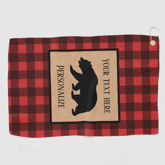 赤と黒の格子縞に黒い熊パーソナライズされた ゴルフタオル (横)