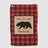 赤と黒の格子縞に黒い熊パーソナライズされた ゴルフタオル (正面)