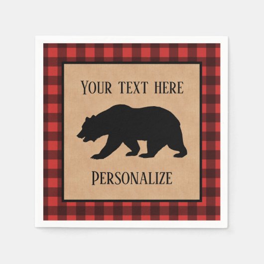 赤と黒の格子縞に黒い熊パーソナライズされた スタンダードカクテルナプキン (正面)