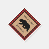 赤と黒の格子縞に黒い熊パーソナライズされた スタンダードカクテルナプキン (角)