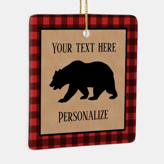 赤と黒の格子縞に黒い熊パーソナライズされた セラミックオーナメント (右)