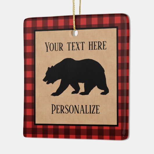 赤と黒の格子縞に黒い熊パーソナライズされた セラミックオーナメント (左)