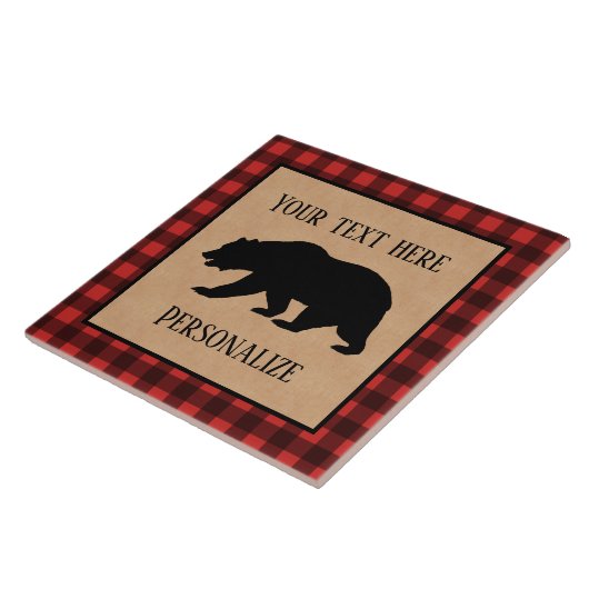 赤と黒の格子縞に黒い熊パーソナライズされた タイル (側面)
