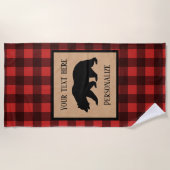 赤と黒の格子縞に黒い熊パーソナライズされた ビーチタオル (正面)