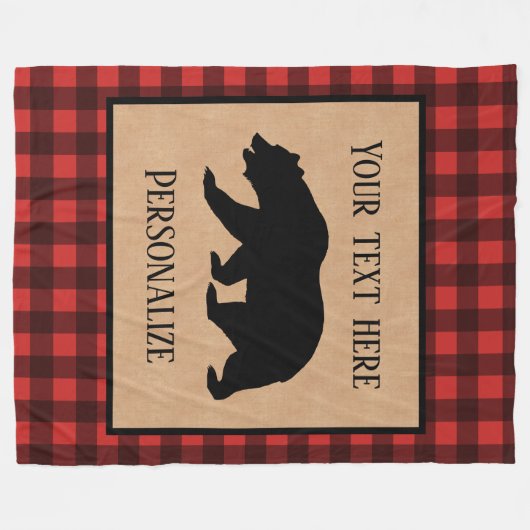 赤と黒の格子縞に黒い熊パーソナライズされた フリースブランケット (正面(横))