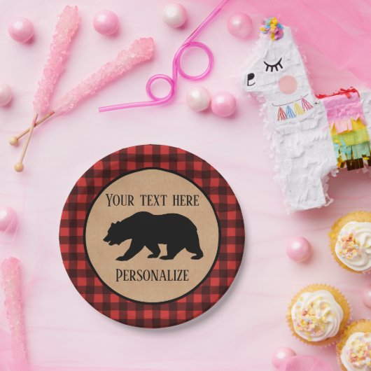 赤と黒の格子縞に黒い熊パーソナライズされた ペーパープレート (パーティー)