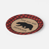 赤と黒の格子縞に黒い熊パーソナライズされた ペーパープレート (アングル)