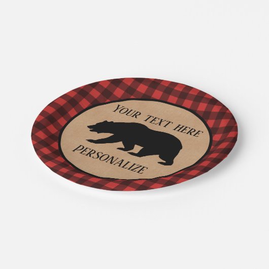 赤と黒の格子縞に黒い熊パーソナライズされた ペーパープレート (アングル)
