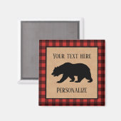 赤と黒の格子縞に黒い熊パーソナライズされた マグネット (正面/裏面)