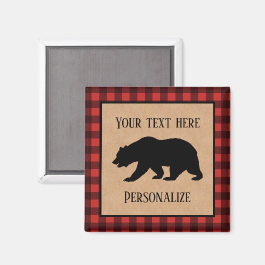 赤と黒の格子縞に黒い熊パーソナライズされた マグネット (正面/裏面)