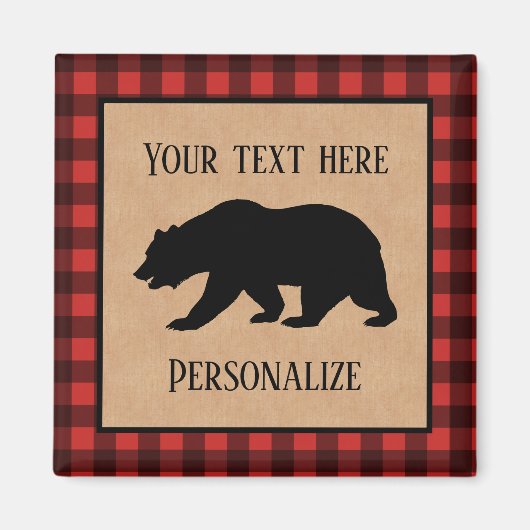 赤と黒の格子縞に黒い熊パーソナライズされた マグネット (正面)