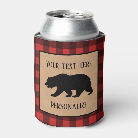 赤と黒の格子縞に黒い熊パーソナライズされた 缶クーラー (缶正面)