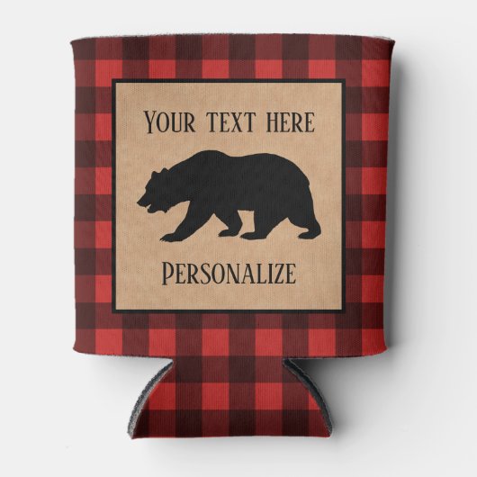 赤と黒の格子縞に黒い熊パーソナライズされた 缶クーラー (正面)