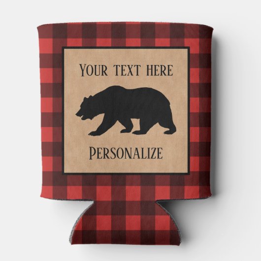 赤と黒の格子縞に黒い熊パーソナライズされた 缶クーラー (裏面)