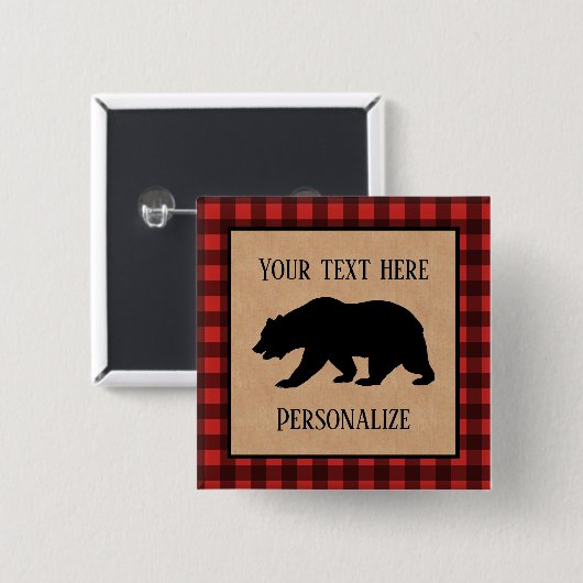 赤と黒の格子縞に黒い熊パーソナライズされた 缶バッジ (正面&裏面)