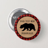 赤と黒の格子縞に黒い熊パーソナライズされた 缶バッジ (正面&裏面)