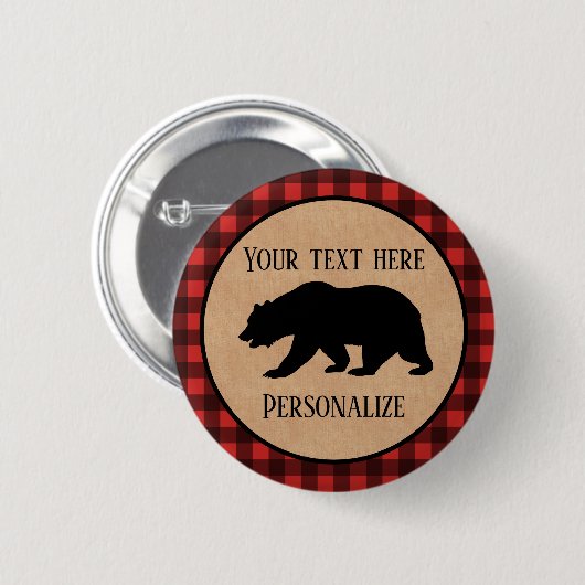 赤と黒の格子縞に黒い熊パーソナライズされた 缶バッジ (正面&裏面)
