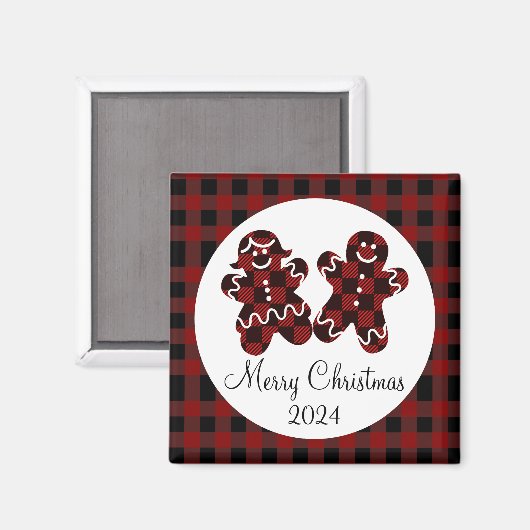 赤と黒の格子縞のギンガーブレッドメリークリスマス マグネット (正面/裏面)