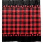 赤と黒の格子縞の赤い星アクセント シャワーカーテン (正面)