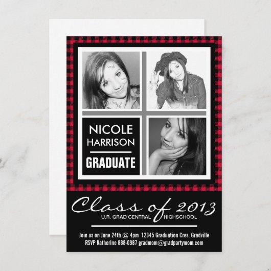 赤と黒の格子縞ギンガム3フォトグラッドパーティー 招待状 (正面/裏面)