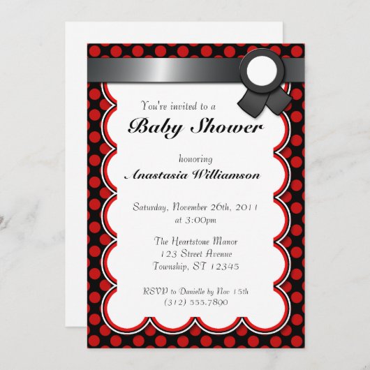 赤と黒の水玉模様ベビーシャワー招待状 招待状 (正面/裏面)