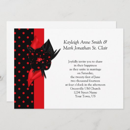 赤と黒の水玉模様結婚式招待状 招待状 (正面/裏面)