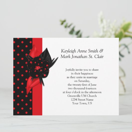 赤と黒の水玉模様結婚式招待状 招待状 (スタンド正面)
